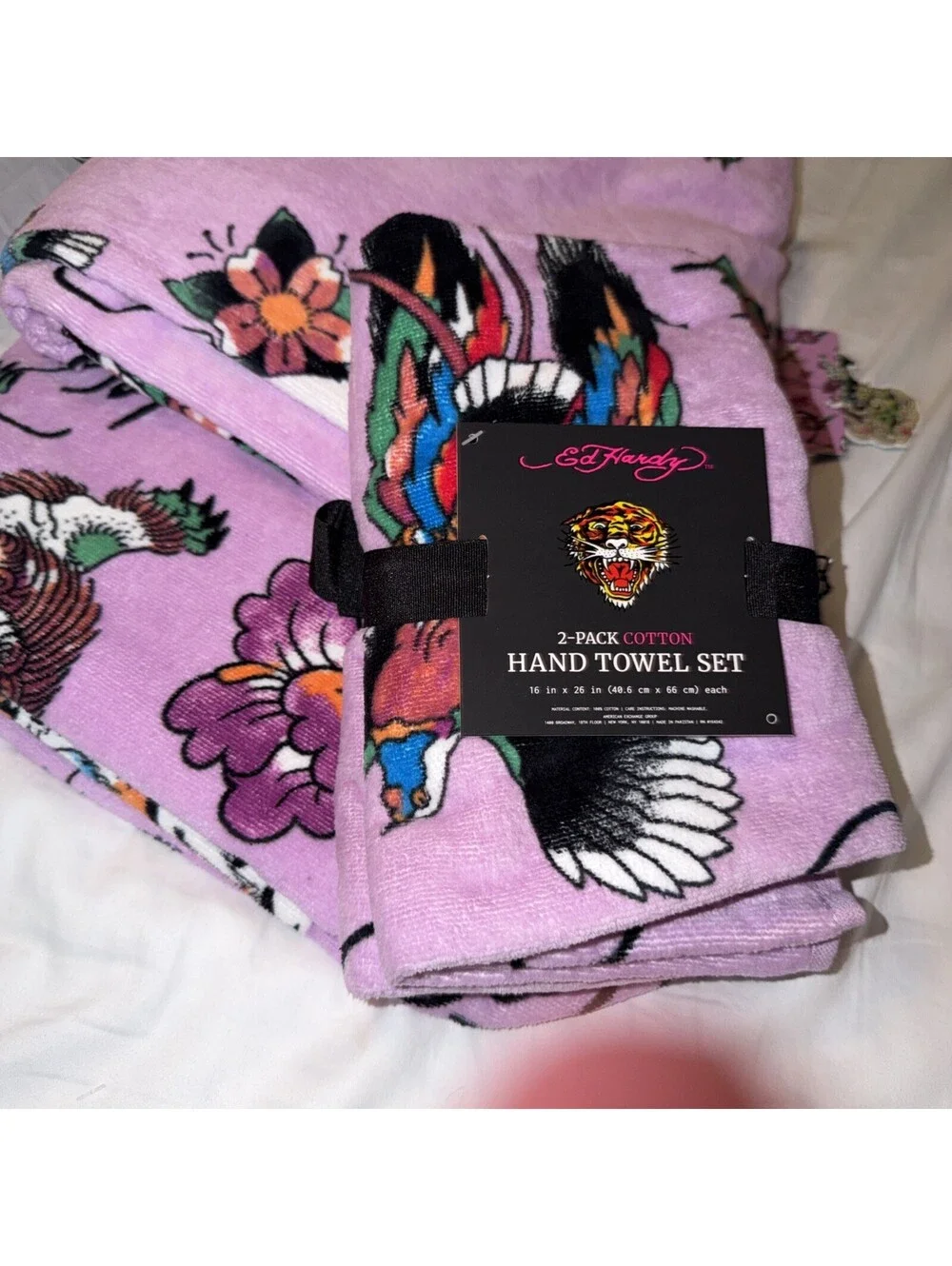 Ed Hardy Purple Bath Towel 4 Piece Set, 100% Cotton 2 Bath Towels 2Hand Towels